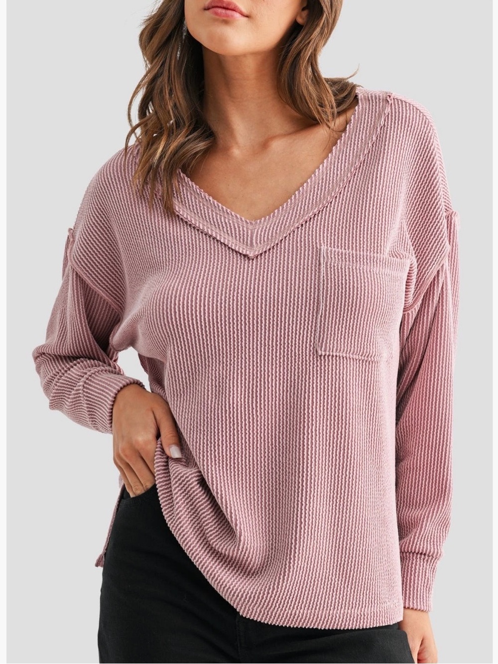 Lush | Mauve Rib Knit Pocket Sweater